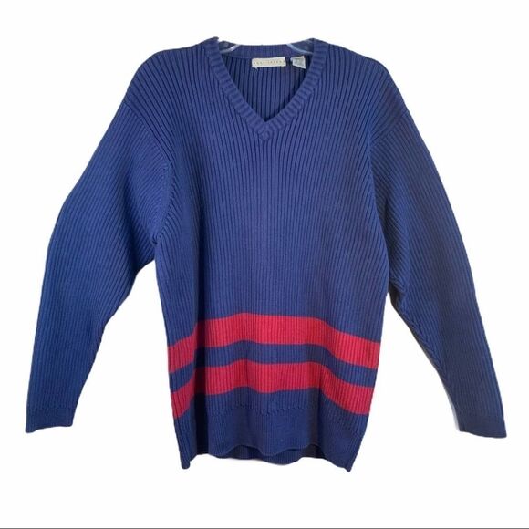 VINTAGE East Island Solid Navy Blue Red Stripes V Neck Sweater 100% Cotton XL - Picture 6 of 6